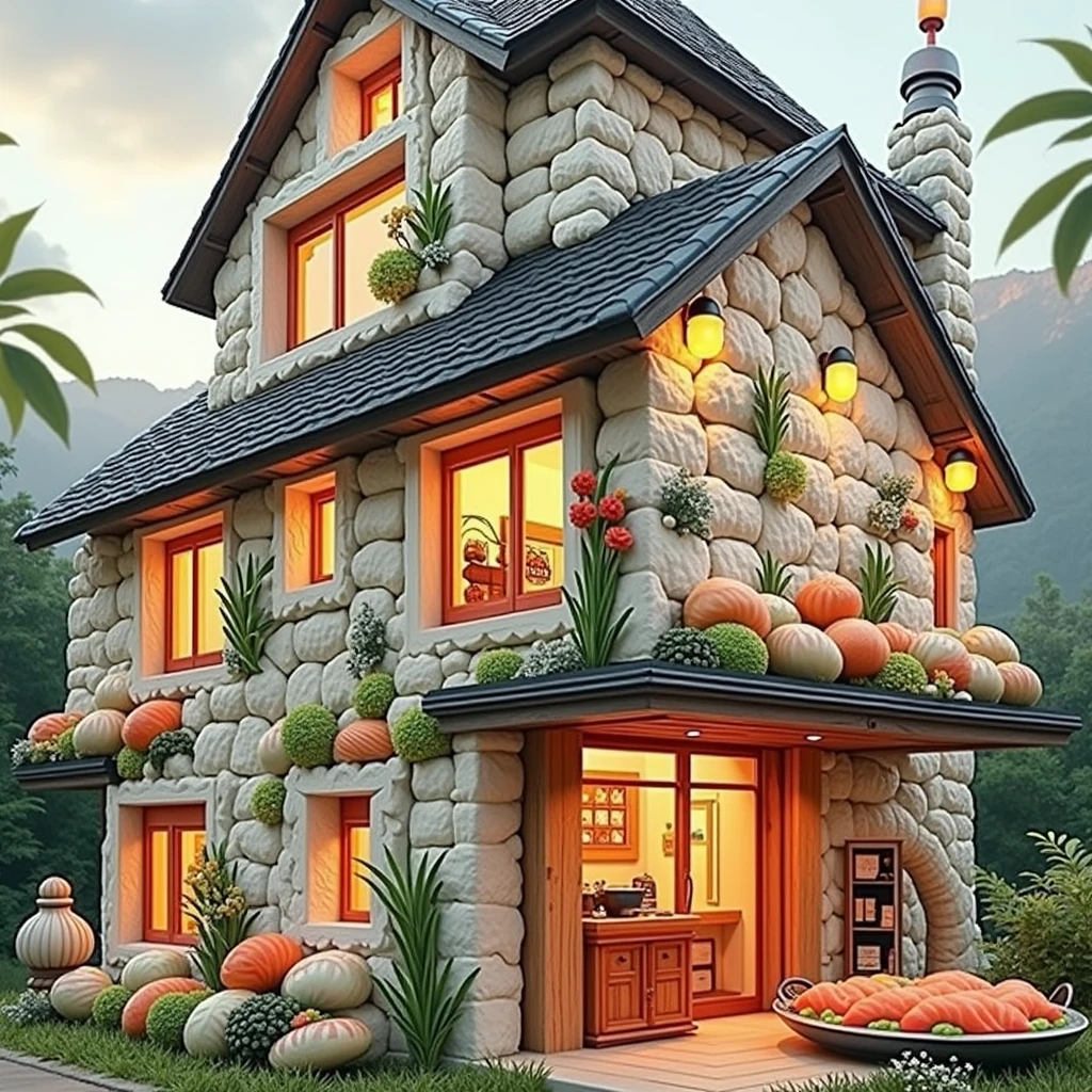 ((masterpiece, 8k, best quality, 8k, super realistic, high resolution:1.3)), realistic house, 2 storey house, 2 meter house, house made of sushi, sushi world, Sashimi in a frying pan, chimney coming out eggs, wasabi world, I cook a lot of rice, walls built of varieties of Japanese sushi.