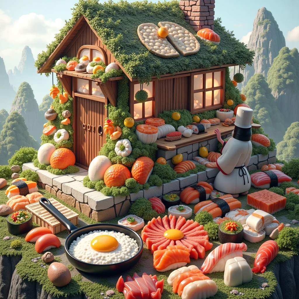 ((masterpiece, 8k, best quality, 8k, super realistic, high resolution:1.3)), realistic house, 2 storey house, 2 meter house, house made of sushi, sushi world, Sashimi in a frying pan, chimney coming out eggs, wasabi world, I cook a lot of rice, walls built of varieties of Japanese sushi.