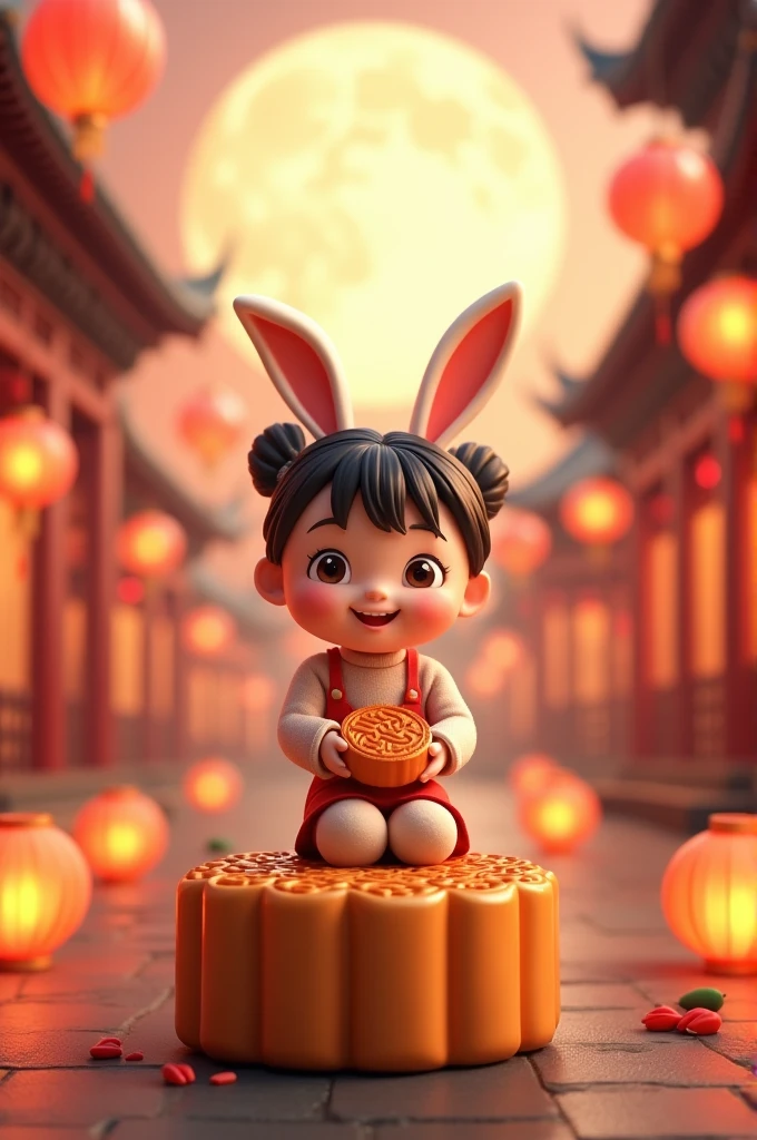 It is a Mid-Autumn Festival poster design,3d cartoon girl,A cute wearing rabbit ears sits on a mooncake, holding two mooncakes in her hands and smiling happily,The background is an ancient Chinese city with lanterns hanging all over it,High resolution,detailed facial features,details design