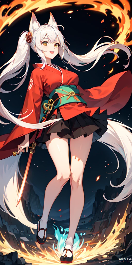 1 person,woman,Red kimono, Twin tails ,Silver Hair,Blue Flame, Vortex of flames,wallpaper, landscape,Depth of written boundary, night, Particles of light, light, Side light, Thighs,****, Red light armor,mini skirt, White knee socks, cloud,Gaze, Large Breasts, Holds a long sword,Emerald green eyes, Fox Ears, Bright smile,Open your mouth,Fox Tail,Phoenix
