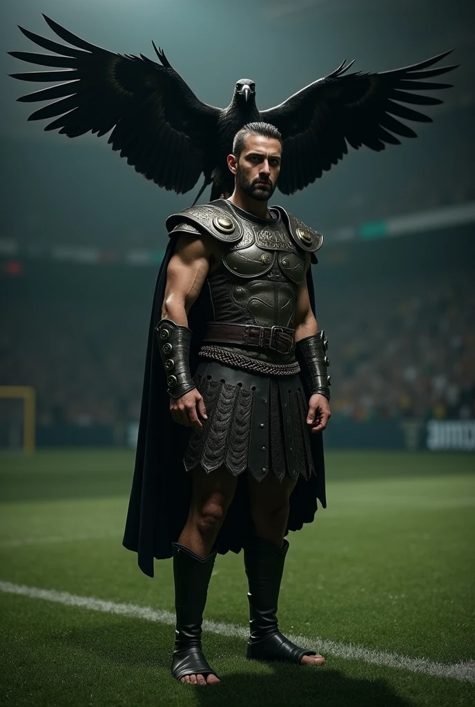 An European man with a gladiator costume on a soccer field, Dark green field surface, dark ambient lighting, a large black eagle on his shoulder, dim light,