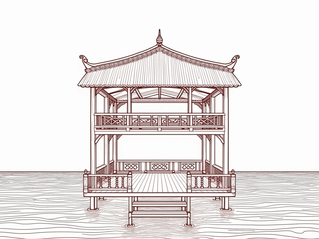 Isometric with an architectural style of a stilt house built on water