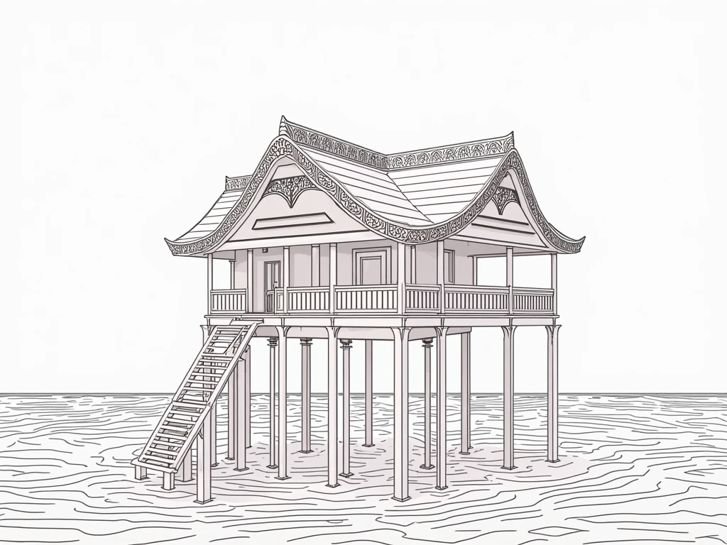 Isometric with an architectural style of a stilt house built on water
