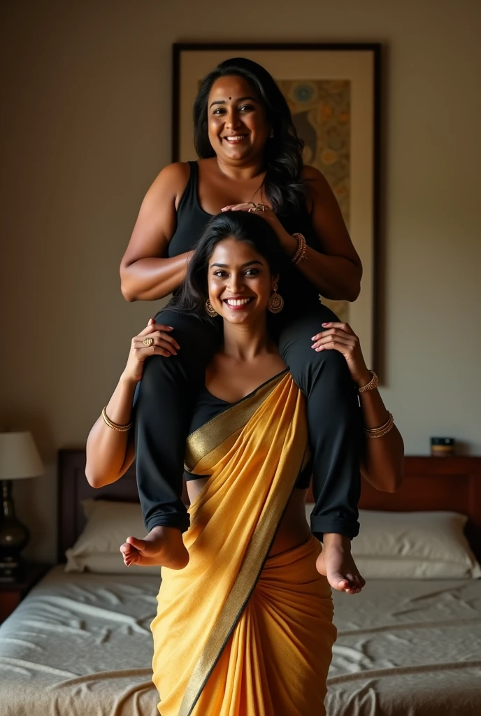 Beautiful and Slim, Sexy Indian woman in black blouse golden saree lifting a large chubby man above her shoulders, man is sitting on woman's shoulders, in a bedroom with high ceiling, natural smile, woman is looking into the camera , full body image