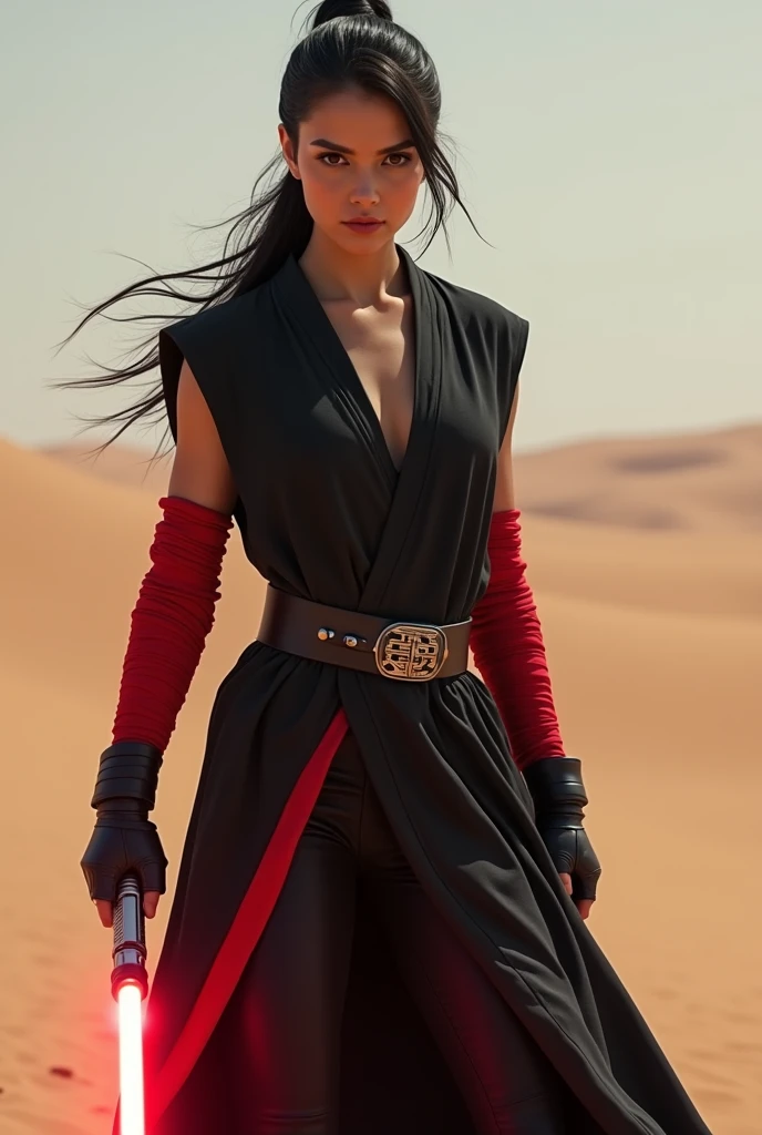 Beautiful, Mexican, female, young woman, long black hair tied into a tight ponytail, wearing black Jedi robes, arms wrapped in red bandages, wearing black fingerless leather gloves, legs completely wrapped in red bandages, wearing black leather boots, holding a lightsaber in one hand, standing in a desert, viewed from the front