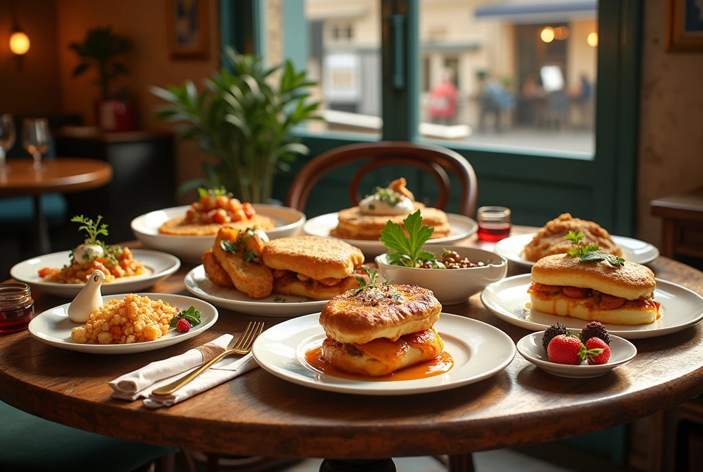 a table with various dishes from French cuisine