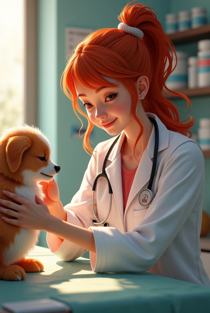 red haired veterinarian studying