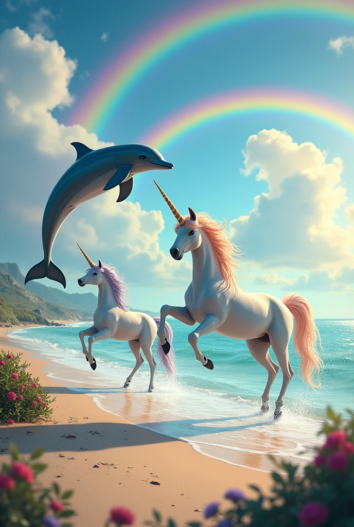 Dolphins jumping on the beach with unicorns and rainbows with many colors