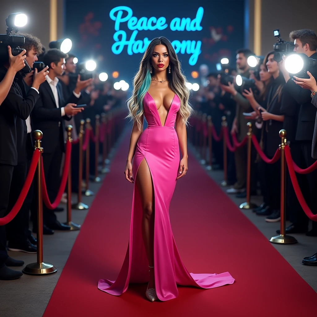 Full view Wearing a long silver dress with silver shoes on a long red carpet  a lot of flashes paparazzi in black ,in blue says”Peace and Harmony  on the wall background ,signing autographs at night  money flying everywhere  Caucasian-Hispanic mix women, with deep wave long curls smooth finish black hair with, light blue, teal, and blonde combined together blue eyes, Instagram model, black makeup long lashes, big lips, red lipstick nose pierced 30k💖
