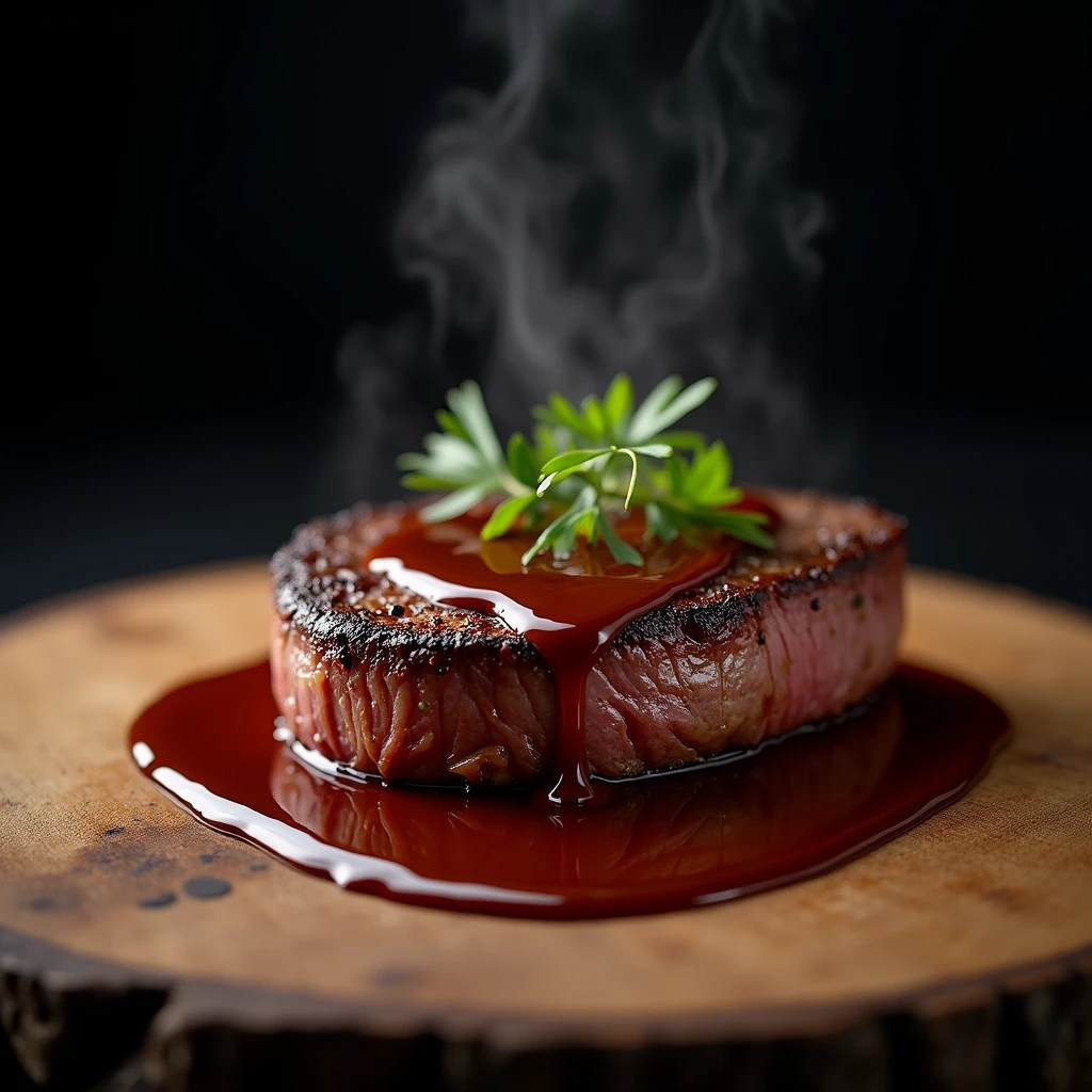 Steak recipe clean picture realistic food, steaming hot, peppercorn sauce on top of the steak and dripping off the side of the steak, on rustic wood floor, placed on a dark background, medium contrast