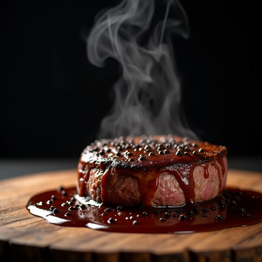 Steak recipe clean picture realistic food, steaming hot, peppercorn sauce on top of the steak and dripping off the side of the steak, on rustic wood floor, placed on a dark background, medium contrast

