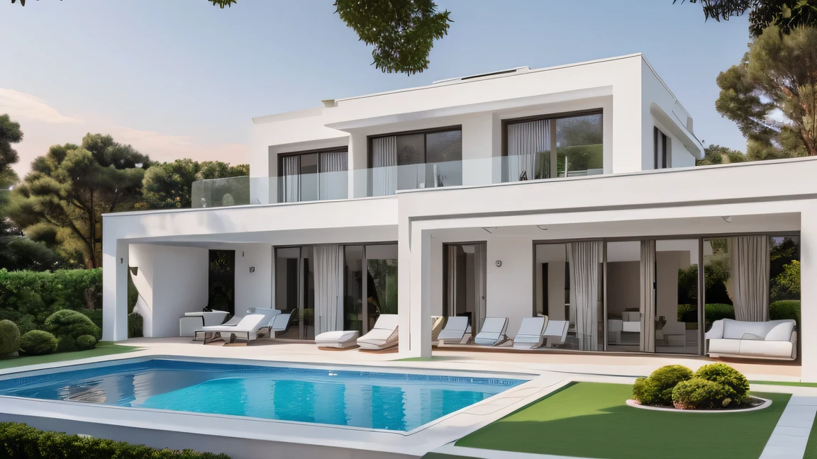 The villa has a modern style, the blocks are intelligently arranged, the square blocks have harmonious proportions, located on a hill, the house has three white floors, the balcony protrudes with green patches, sunset , beautiful sky, soft light, bright spots, actual pictures, 4k.