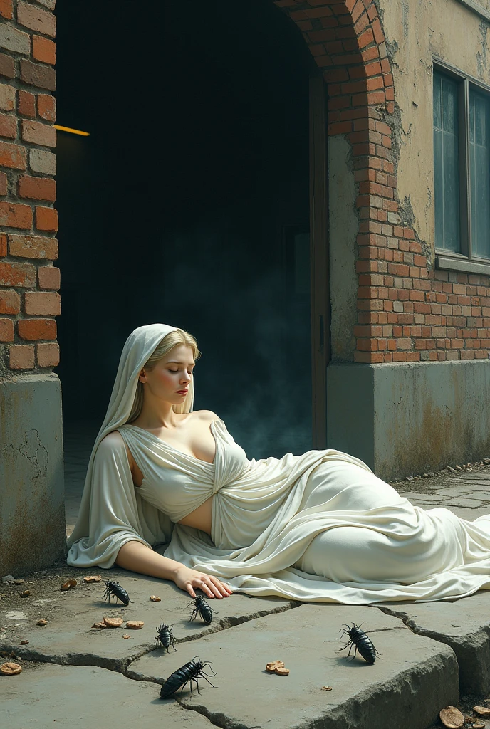 Sleeping goddess sprawled in front of a dirty brick building with bugs crawling around on the street