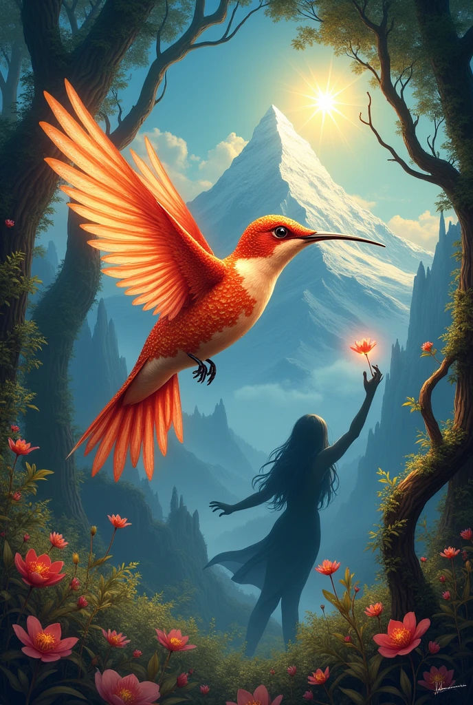 Imagine a hummingbird with plumage that shines like fire, Flying over an enchanted forest. Around it, The flowers and trees come alive with its light, while in the background you can see a high mountain, with a bright star at its top, lighting up the night sky. The illustration could also show Shadow, a dark and nebulous being, trying to catch the hummingbird, but being repelled by the light of the star.