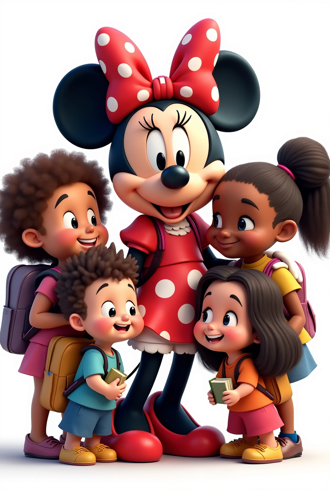 draw for me MINNIE disney with children feeling included among them books backpacks disney pixar style with white background full image without cutting any character
