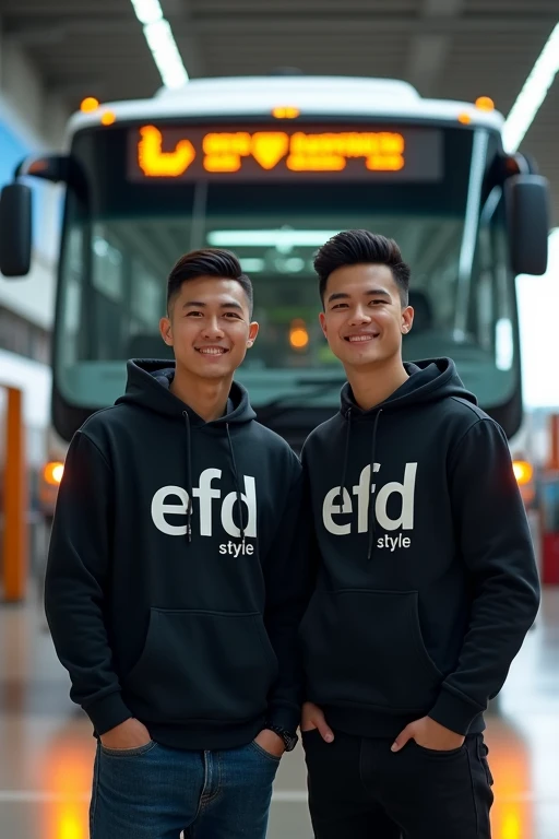 Handsome 2 man from Indonesia, short and neat hair, wearing a black hoodie that says "EFD style", standing behind a large bus at a terminal, smiling expression, realistic, super HD, detailed.