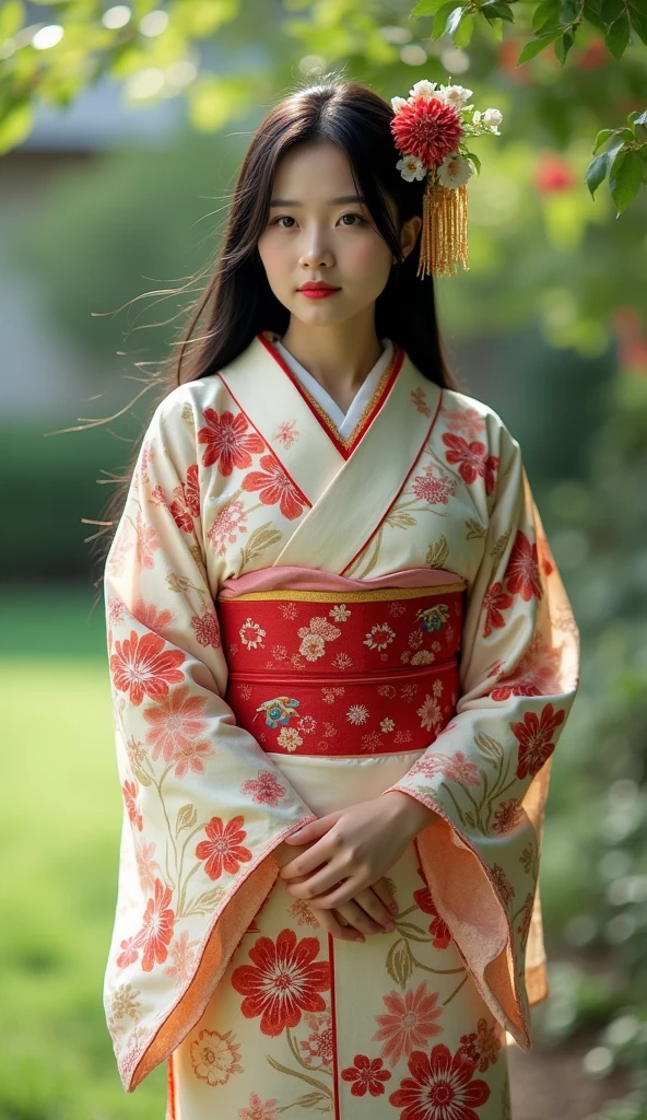 最high quality、high quality、Best image quality、8k、最High resolution、High resolution、最high quality、masterpiece、RAW Photos、whole body写真、Detailed and realistic human body、Detailed and realistic skin、Realistic face in every detail、Detailed and realistic eyes、Detailed and realistic lips、Detailed and realistic teeth、Detailed and realistic ears、Detailed and realistic hair、Realistic reproduction of every detail、Realistic fingers in every detail、(Perfect and beautiful hands、thumb１reference４)、Realistic feet down to the last detail、((Beautiful Japanese Mature))、(Japanese Model)、((Two beautiful girls))、(Black Hair)、(Straight hair)、((whole body))、(Slim and perfect figure)、(whole body光沢肌、Fair skin)、Soft natural light、wood々Sunlight shining through、Wind、(country、geisha、kimono、short-sleeved kimono、yukata、Japanese tradition、Samurai residence、Japanese garden、((カラフルな花柄のkimono))、((Standing naturally in the garden(Poses to make your thighs look beautiful))、((Sexy panties visible between her thighs))、(japanese news caster)、(japanese news caster)
