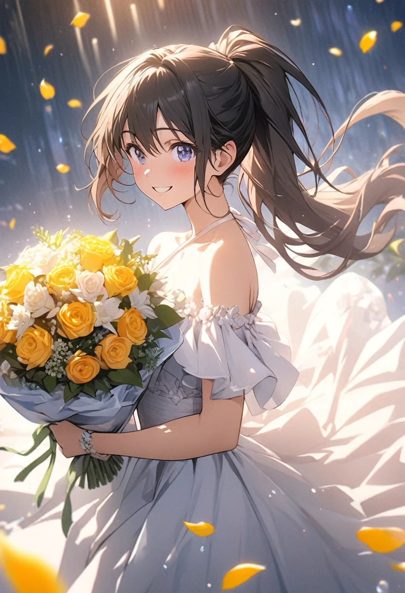 Shin Evangelion,asuka,chies,the sunset,facing at camera,The camera is at eye level with the character。Bust photo,wedding gown,A bouquet of flowers,facing at camera,blue color eyes,Very small eyes,A faint smile,1个Giant Breast Girl,In front of the window,Wear a wedding dress,lace decorations,Flowers in hand,Flowers cover your hands,face to the viewer,brown hair,人物,depth of fields,light particules,standing at,inside in room,Five fingers,