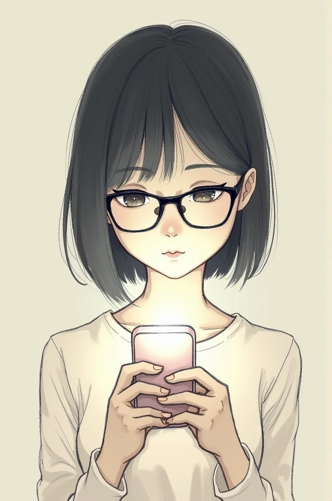 Drawing of a character with little hair, glasses and a cell phone in front of him
