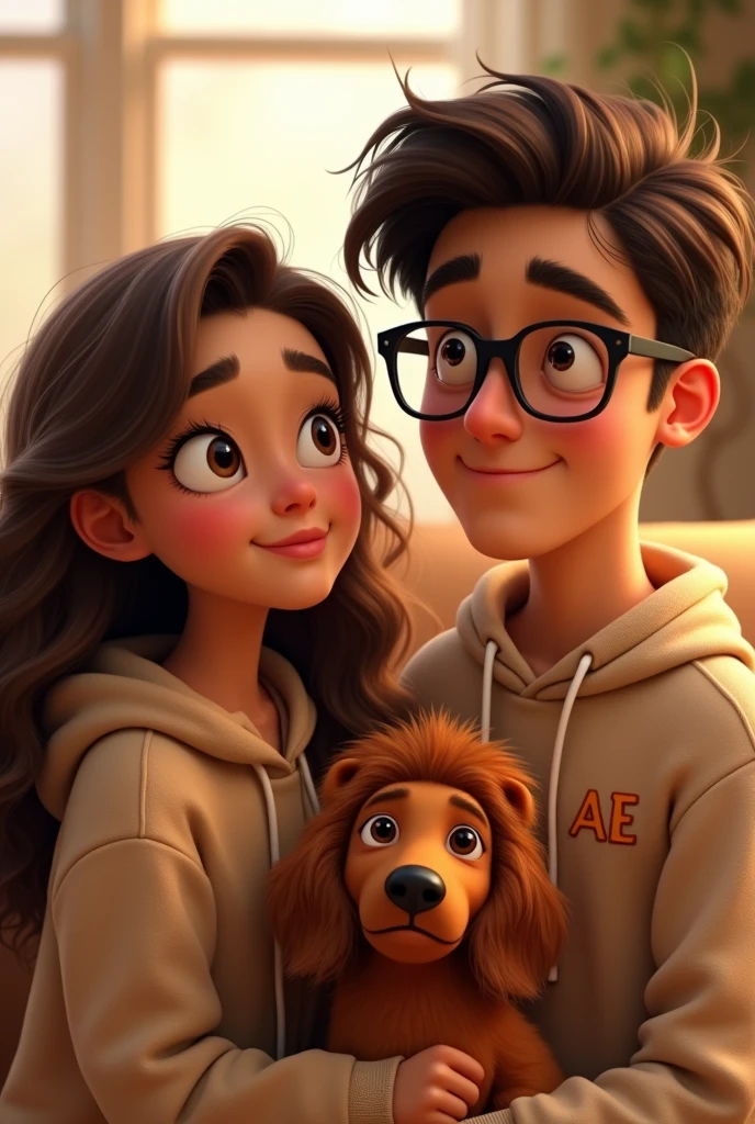 Pixar-style poster of two lovers, in a living room, She is a girl with long brown curly hair , white, with brown eyes, long eyelashes and small nose, with face wearing a beige hoodie with the initials AE small on the right side of the chest; a boy with dark brown hair, with rectangular frame lenses, dark brown eyes, big lips wearing a beige sweatshirt with small initials AE on the left side and a light brown dachshund with a black nose and brown eyes wearing a lion costume.