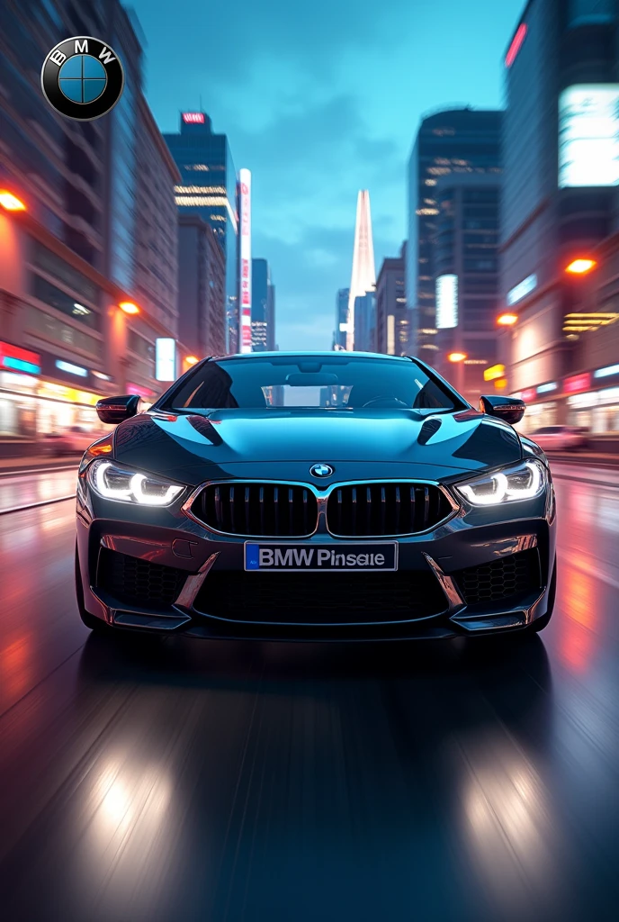 Design a high-quality poster featuring a sleek, modern BMW sports car. The car should be in motion, captured from a low-angle front view to emphasize its aggressive and aerodynamic design. The background should be a dynamic cityscape at dusk with vibrant lights reflecting off the car's polished surface. Include subtle motion blur to enhance the sense of speed. The BMW logo should be prominently displayed in the top corner with the tagline 'Sheer Driving Pleasure' in an elegant, modern font at the bottom.