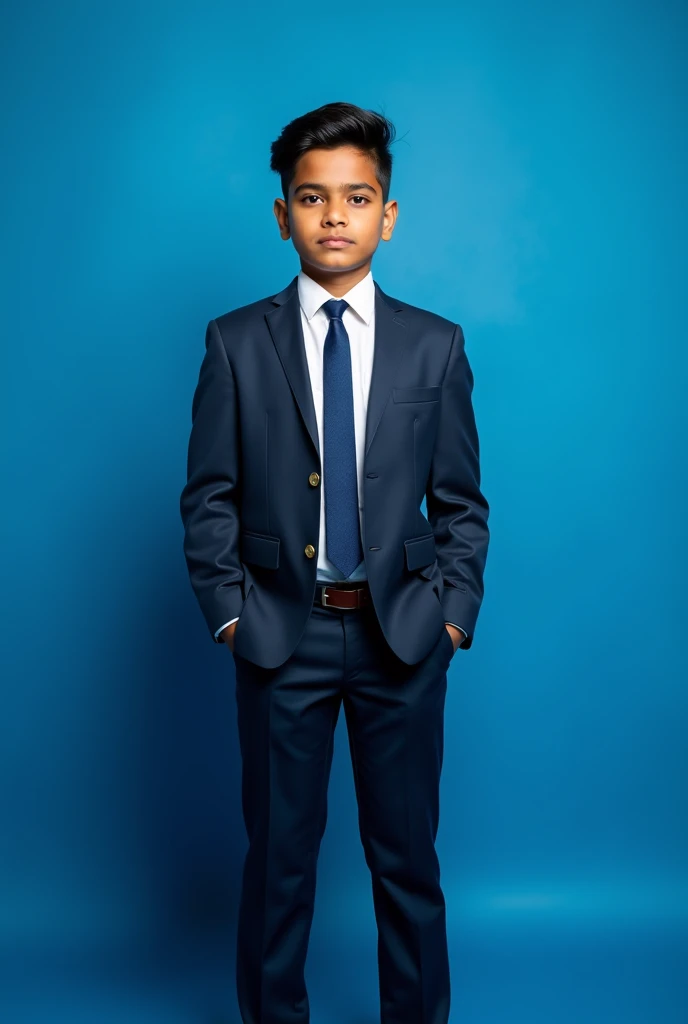 1 Indian boy wearing formals and posing for interview for linked in blue colour background