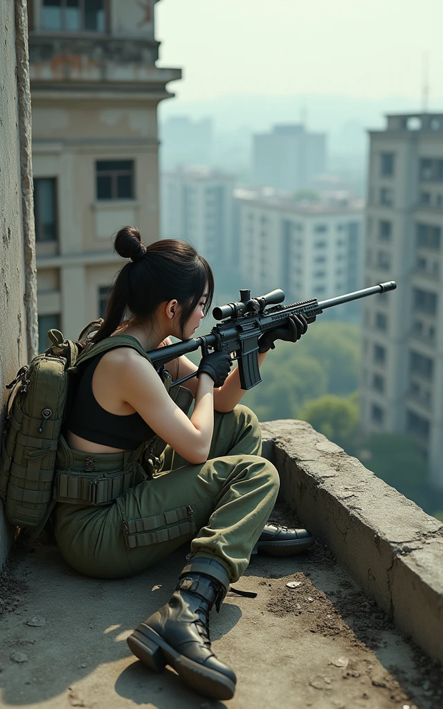Ultra-high resolution,High-resolution details,Photo real, , (1 Korean female sniper,Super beautiful,Super white face), (Wearing Army Camouflage), Large breasts, (Tactical Vest, Military wiring harness), (Military boots)(Lying on the ground aiming with a sniper)98k、On the rooftop of a dilapidated high-rise building(full-body shot,panorama distant view,Wide-angle lens)American soldiers prepare