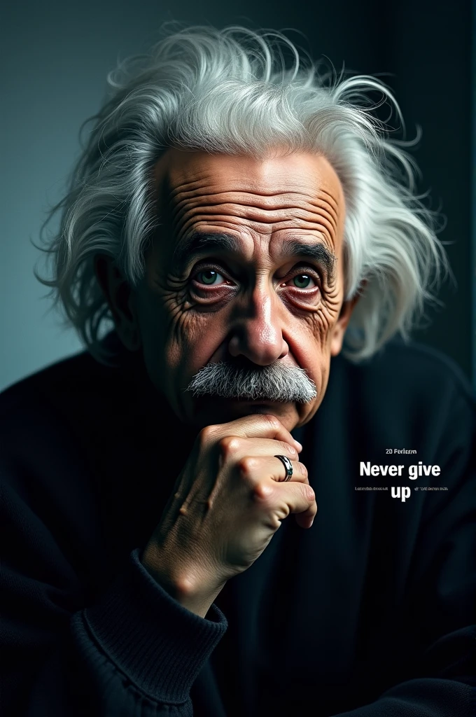 The image features a portrait of Albert Einstein, the renowned physicist, with a thoughtful expression, resting his chin on his hand. The background is dark, making his face the focal point of the image. To the left of Einstein's face, there is a quote in large text that .The text on the image reads "NEVER GIVE UP" in bold white letters, with "" written underneath. The background seems to be a stage or a dimly lit indoor setting, giving a dynamic and intense atmosphere to the image. There is also a time stamp of in the bottom right corner, likely indicating the length of the video or audio clip associated with the image.
