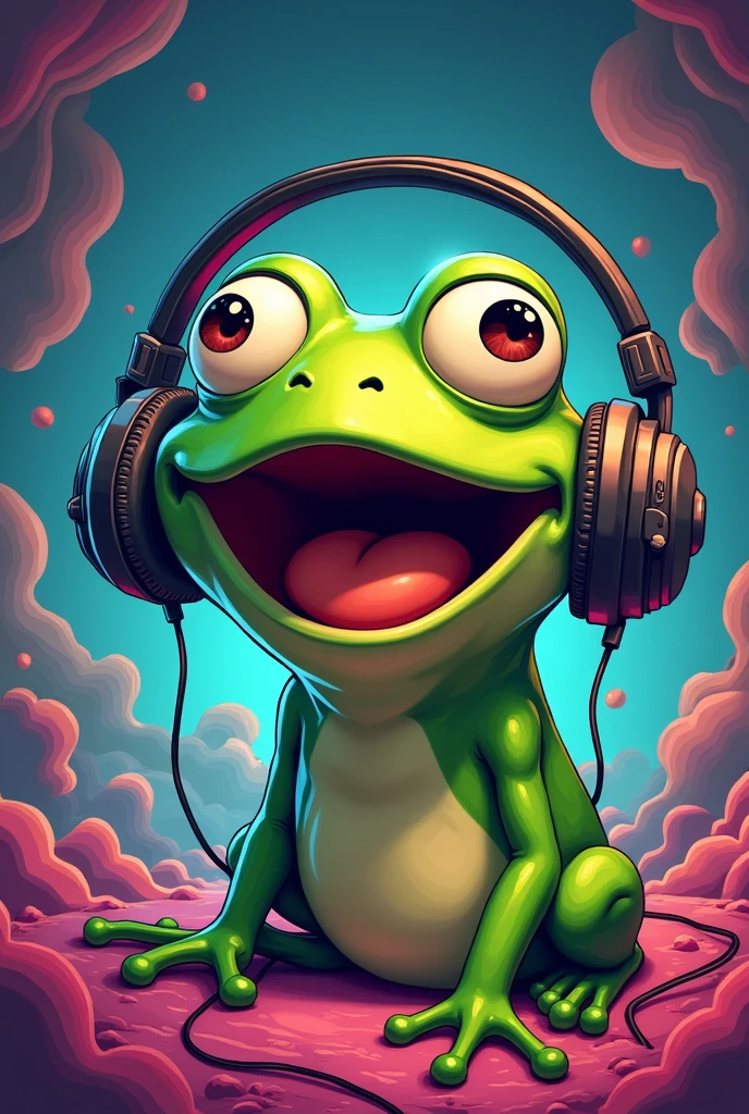 Pepe the frog enjoying  rock music with his headphone