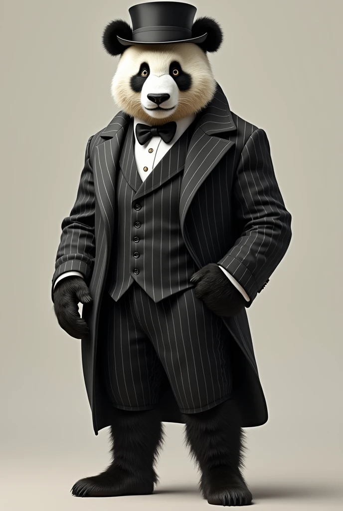 Panda dressed in 1820s pinstripe suit and hat