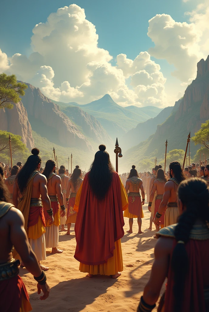 Generate in cinemetic 3d Cartoon**The Gathering of Heroes:** Illustrate the scene where a leader gathers his army’s heroes, acknowledging their unmatched prowess and the critical roles they will play in the battle..in Mahabharat time pictures