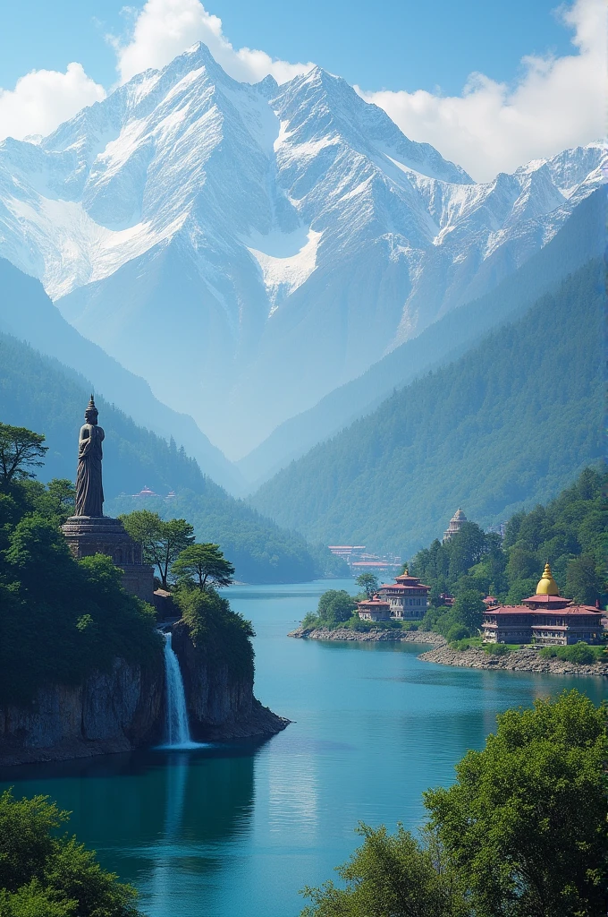 View of Himalayan ranges at the back from sarangkot pokhara nepal. From the left a statue of lord shiva of pumdikot pokhara nepal as well as peace pagoda of pokhara nepal just beside and a little lower. A waterfall beneath them. Fewa lake at the middle with a small forest at the centre of the lake. To the right a temple along with international mountain museum from pokhara nepal. Also 2 lakes at the right end