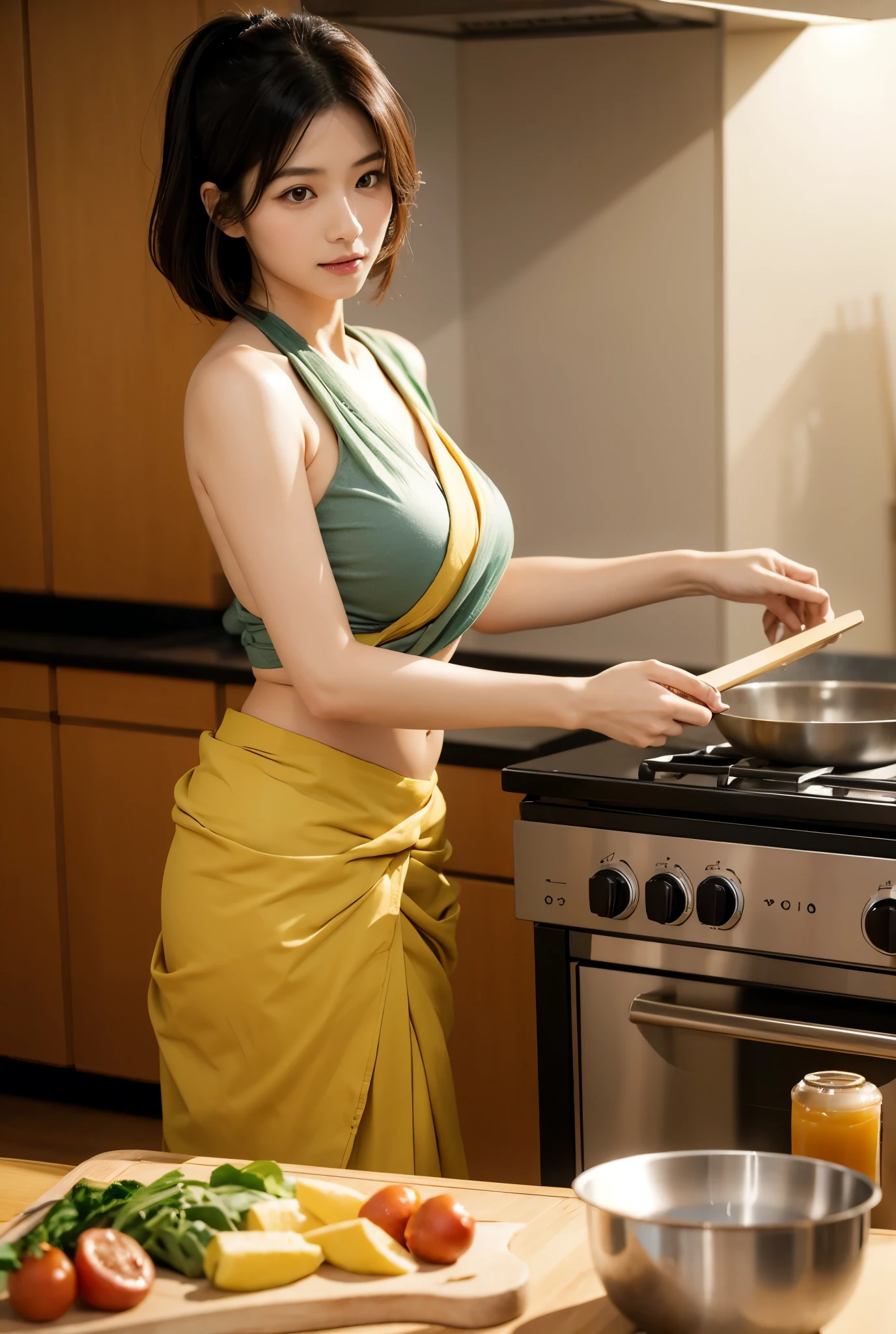 Woman cooking、age19、(Dressed naked，Wear a slim mini apron:1.3)、4K、((hight resolution、tmasterpiece、top-quality:1.3)),Fine skin、sharp focus、Soft lighting、dynamic ungle、(Detailed face:1.2)、(((In the kitchen))) Cute smile　Viewer's Perspective　Colossal tits　tying  hair　Sleeveless　Stretch your upper arms　Stretch your shoulders　cleanness　Large kitchen　Beautiful kitchen　((Beautiful straight wavy curls，By bangs))　put down hands，Prepare the coffee　a little bit smile　((There is no fabric on the back of the apron、Cracks in the buttocks are perfectly visible.))((It's sex in the kitchen:1.3))(((This is a sex apron)))(((Cracks in the buttocks are perfectly visible)))((Stretch the buttocks further，Exposing cracks))at this、Very thick and rigid upright type available　This is a very big one .. Juice overflows from the opening of the girl's vagina