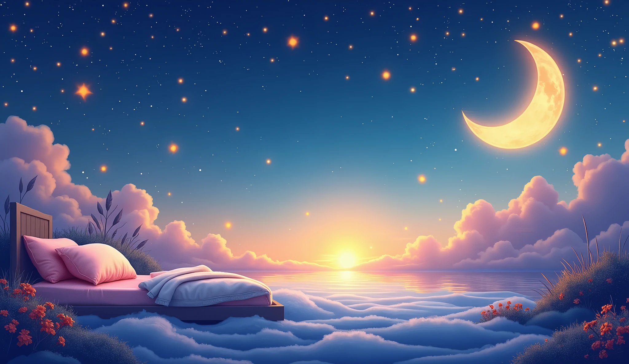 Create a vibrant and colorful banner for a YouTube channel focused on sleep meditation, bedtime stories, and relaxation. The banner should evoke a calm yet cheerful atmosphere, using bright colors like warm yellows, pinks, and oranges, along with soft blues and purples. The design should include a serene night sky, a crescent moon, stars, and glowing lights, with no text. Add subtle imagery like a cozy bed, floating clouds, or a peaceful landscape with gentle waves. The overall style should be inviting, calming, and visually appealing, encouraging relaxation and positive energy