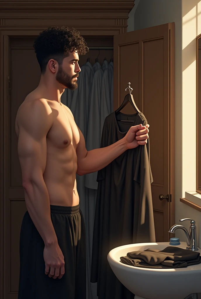 "The medium height, medium build white man with short, curly black hair, white skin, brown eyes, and a goatee is wearing Naked . His clothes are laid out on the sink. Holding the Cistercian habit on a hanger, he looks at his reflection in the wardrobe mirror, contemplating the next step in his journey. The atmosphere is one of personal reflection and anticipation."