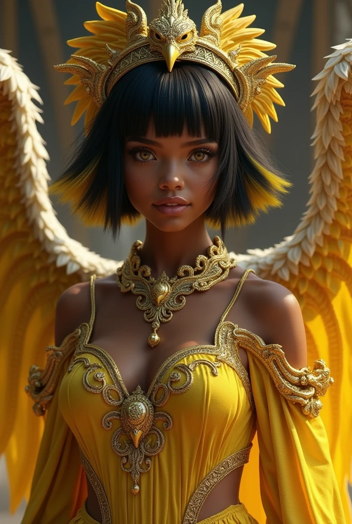 Character with dark skin color, with short hair with straight bangs, with yellow highlights, honey colored eyes, wearing a yellow and gold dress with griffin symbols, a griffin headpiece, and a griffin necklace