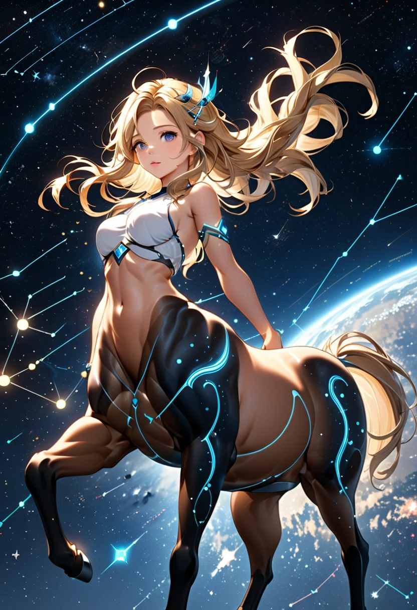          Centaur constellation is very beautiful and charming. The girl&#39;s body is the body of a unicorn. Centaur constellation Centaur constellation. The lower body of Centaur constellation is very beautiful. Close-up of white horse body. White curly long hair. Background. Half moon starry sky. Ethereal, mysterious, intricate, meticulous, surreal, sci-fi, art aesthetic, light and shadow movie special effects. High resolution image hyper realistic texture high resolution, Digital painting, Delicate and dynamic rendering,

                             super high quality, masterpiece, Super detailed, Highest quality animation style high definition presentation  
