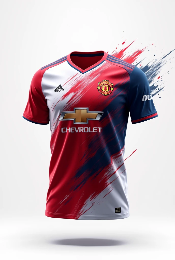 Create an jersey of Manchester United by abstract mixing of colours red and white mostly with a little touch of blue in it