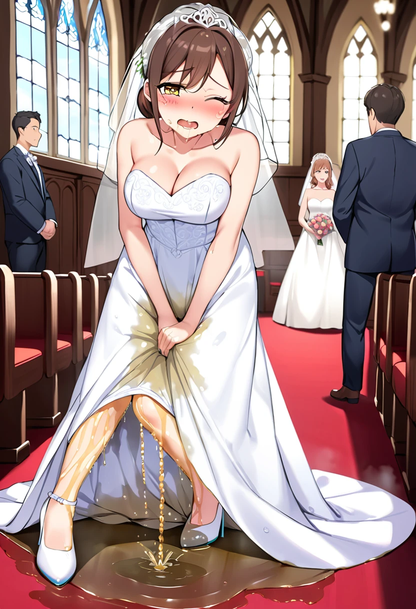 NSFW, (masterpiece, top quality, best quality, highly detailed:1.6), anatomically correct,(Wedding dress:2.5),(church:2), (standing:2.5),(leaning forward, hands between legs:2), (Touching crotch, holding crotch:3), (close knees, pee running down legs:2.5), (((clutching crotch))), (full body), wide shot, long shot, strong facial expression, (sharp eye:1.2), (scowl:1.1), (embarrassed,blush:2.3), (steam:2.9), (Wet:1.1), (sweat:1.1), (trembling:2.3), (open mouth, wavy mouth:1.4),(drooling:0.3), (clenched teeth:1.7),(tears:3), (closed eyes:3), (feeling weak:1.5), (bravery crying, sobbing:1.5), (shoot from front, looking at viewer:1.2), colorful, ((indoor)), (Ponytail, very long hair, Dark brown hair, Extra long hair:1.5), (Round Glasses:1.3),(high-heels:1.7), (woman trembling with sexual climax), urination, piss, peeing self, A lot of pee, large breasts, (((pee stream))), (pee puddle), pee stain, peeing, blush, embarrassed, Are crying, Yellow pee, ((leaking pee)), Shaking one's shoulders, Breaking a sweat on forehead, Wetting self, puddle of pee, Pee at your feet, Pee spread on the floor, Pee stains, Dripping pee between my legs, Feet Wet from pee, Pee-covered feet, Pee at your feet, want to pee, about to pee, Full bladder, Pee-soaked high-heels, The limit of holding in pee, A big pee, Pleasant pee, a big puddle of urine at my feet, can't stand it and urinate, can't stand peeing, Non-stop peeing, Unstoppable peeing, panty Wet with pee, A pleasant feeling of urination after holding it in to the limit,Pee-soaked dress, Pee-soaked thighs,Pee-soaked hands, natural makeup,