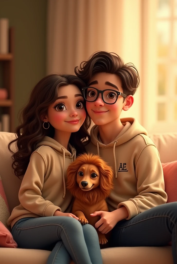 Pixar-style poster of two lovers, in a living room, She is a girl with long brown curly hair , white,  with brown eyes, long eyelashes and small nose, with face wearing a beige hoodie with the initials AE small on the right side of the chest; a boy with dark brown hair, with rectangular frame lenses, dark brown eyes,  big lips wearing a beige sweatshirt with small initials AE on the left side and a light brown dachshund with a black nose and brown eyes wearing a lion costume.