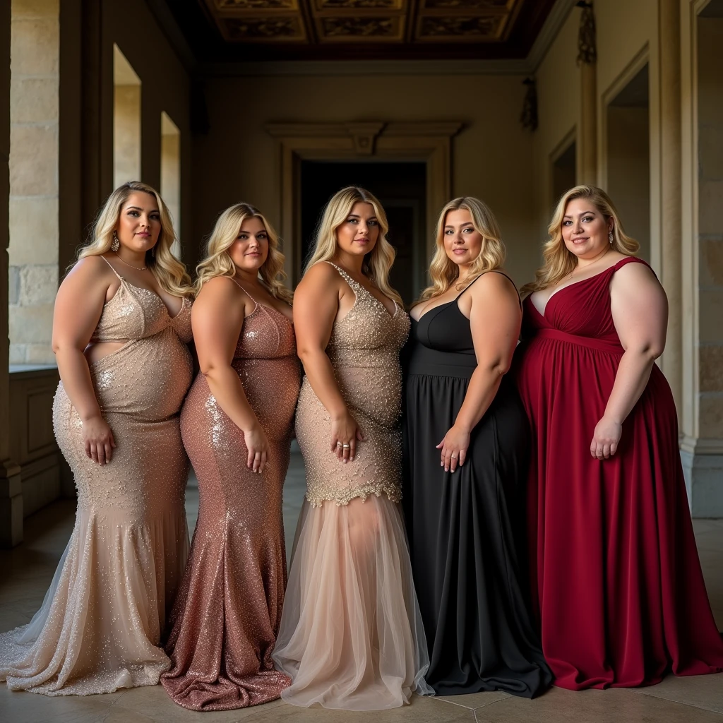Five plus size model women have a lot of fat on their stomachs and buttocks and weigh 150kg, they gained weight by eating too much, they are blonde haired obese women with very big stomachs and buttocks, they are plus size models and their whole body is covered with a lot of fat, they are queens wearing glittering and gorgeous dresses for the promotion of a high-end brand of formal wear, they are taking a photo shoot in an old castle, 4K quality