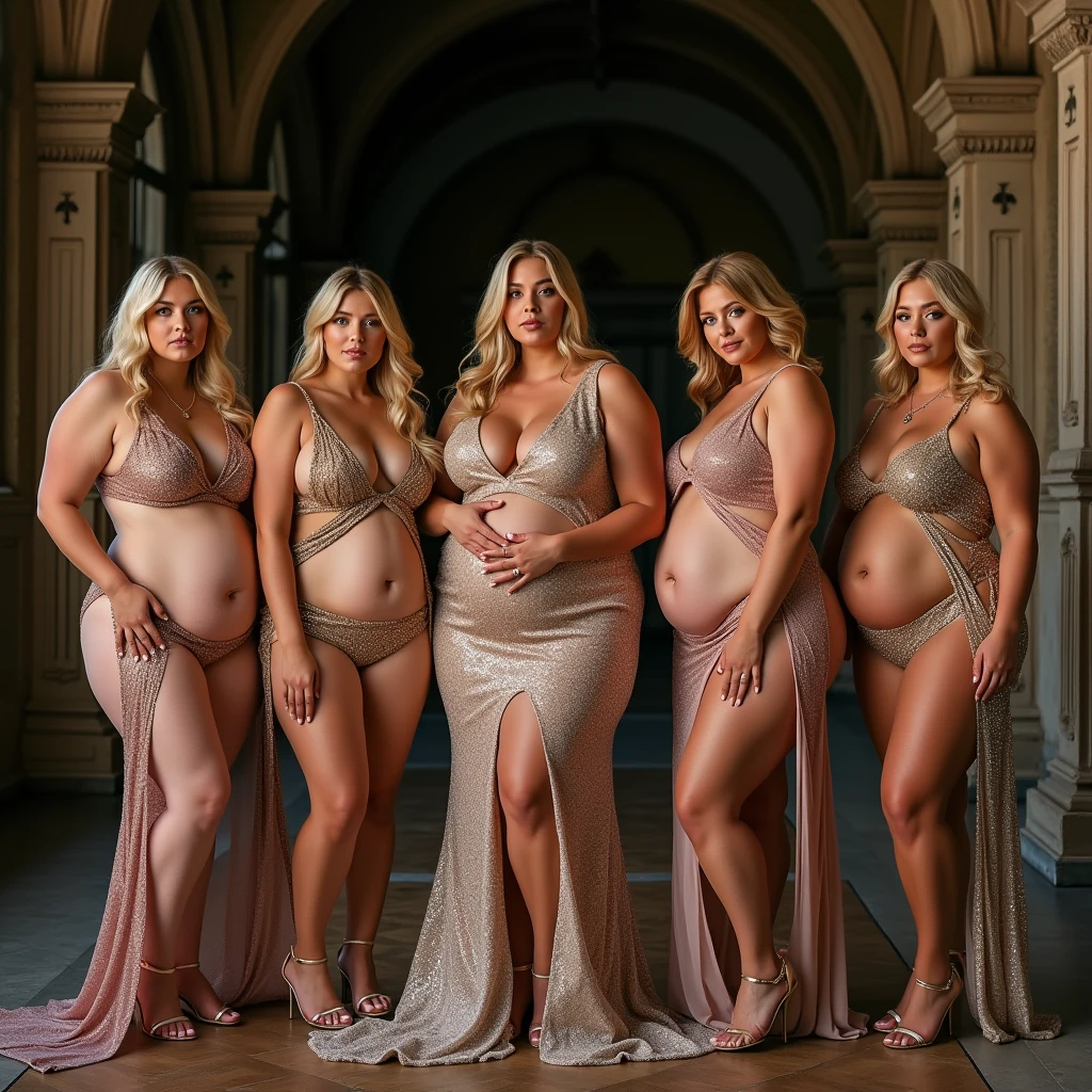 Five plus size model women have a lot of fat on their stomachs and buttocks and weigh 150kg, they gained weight by eating too much, they are blonde haired obese women with very big stomachs and buttocks, they are plus size models and their whole body is covered with a lot of fat, they are queens wearing glittering and gorgeous dresses for the promotion of a high-end brand of formal wear, they are taking a photo shoot in an old castle, 4K quality