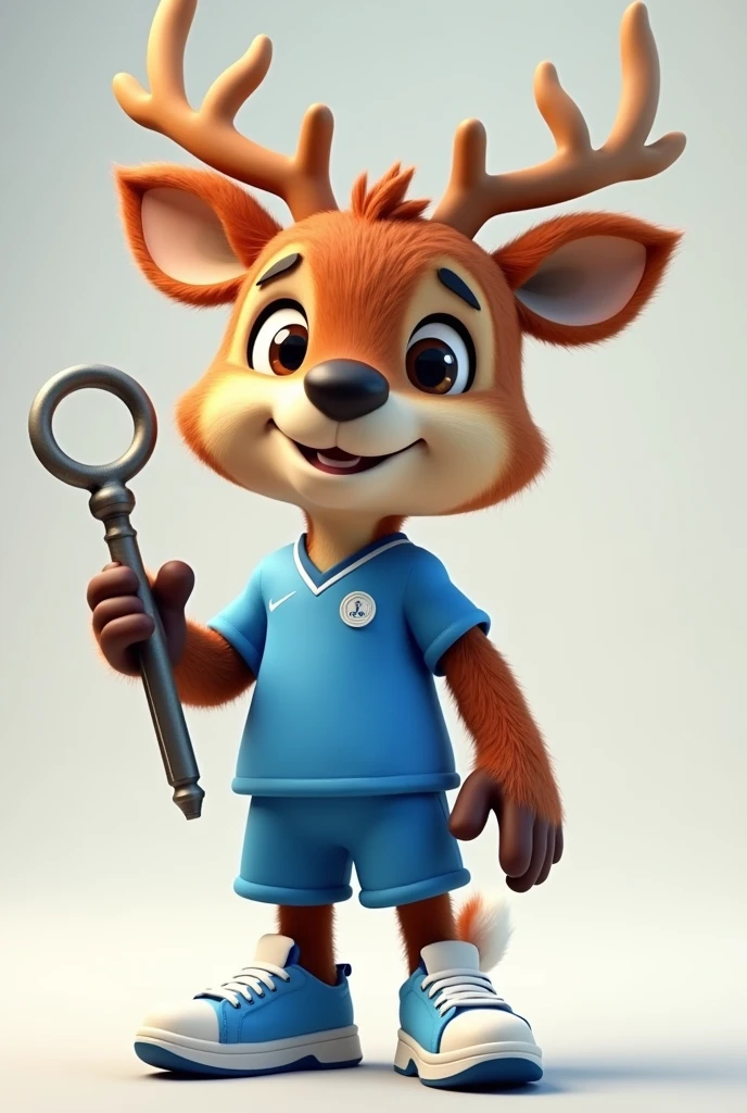 3d cartoon, realistic cartoon of a furry mascot deer, a furry mascot deer smiling and holding 1stilson key, blue sports shirt and shorts, sneakers 