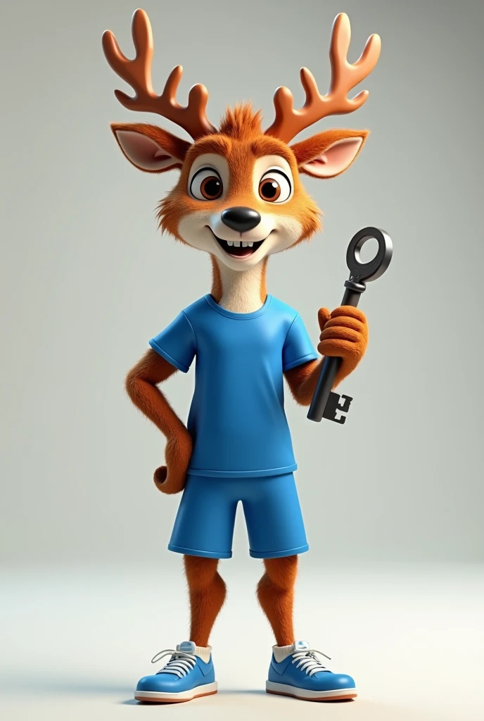 3d cartoon, realistic cartoon of a furry mascot deer, a furry mascot deer smiling and holding 1stilson key, blue sports shirt and shorts, sneakers