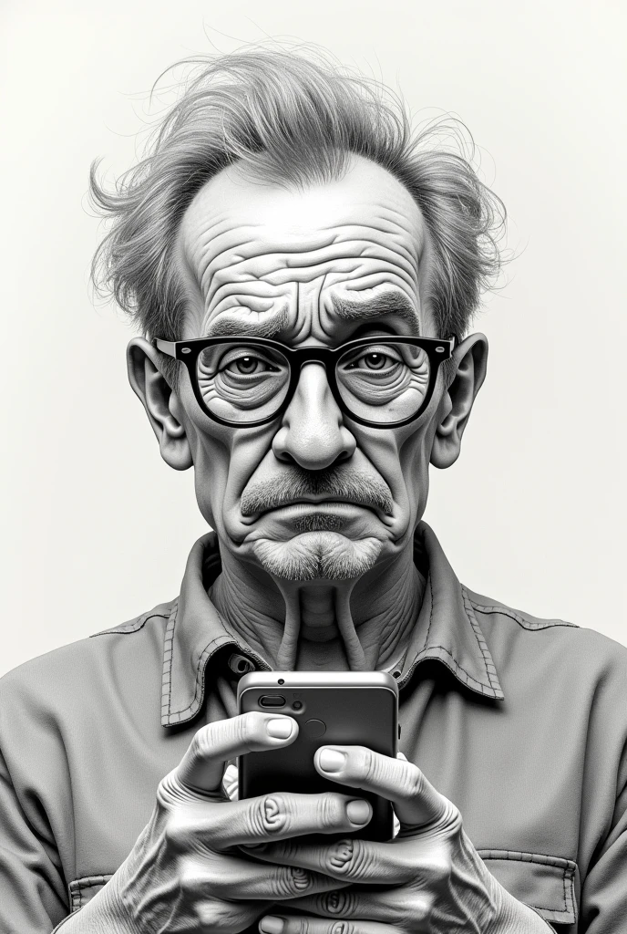Drawing of an ugly man with little hair wearing glasses and holding a cell phone in front of him