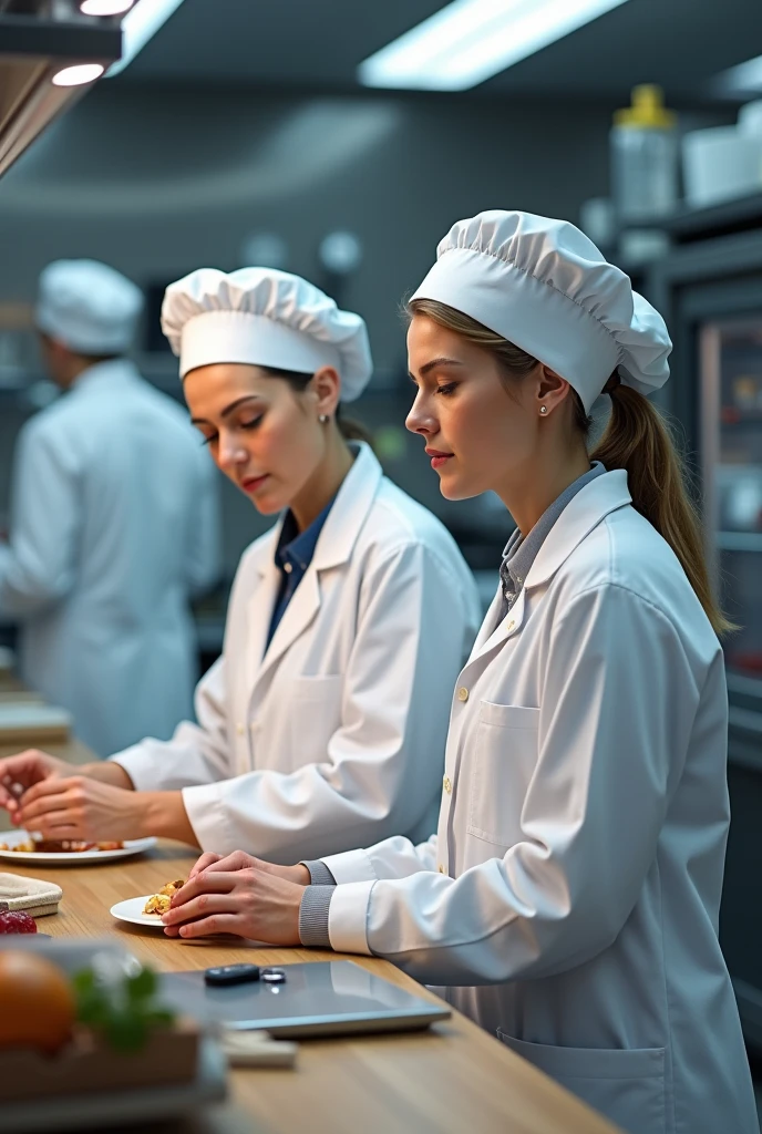 2 women. An intern, younger, of nutrition in a food and nutrition unit, inside a kitchen, with kitchen cap, covering all the hair, the lab coat. with teacher, middle-aged, also dressed the same way, guiding her