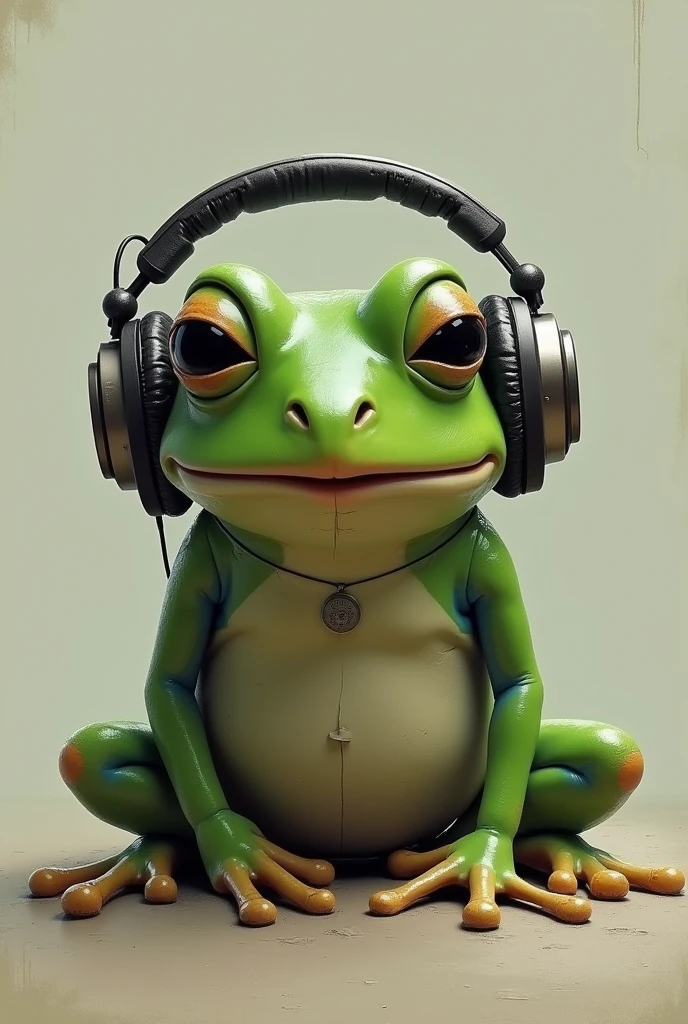 Sad Pepe the frog enjoying  rock music with his headphone