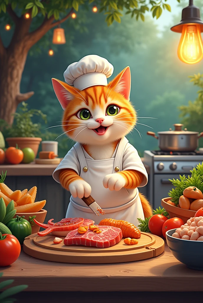 Cat makes、vegetables、meat、fish、barbecue