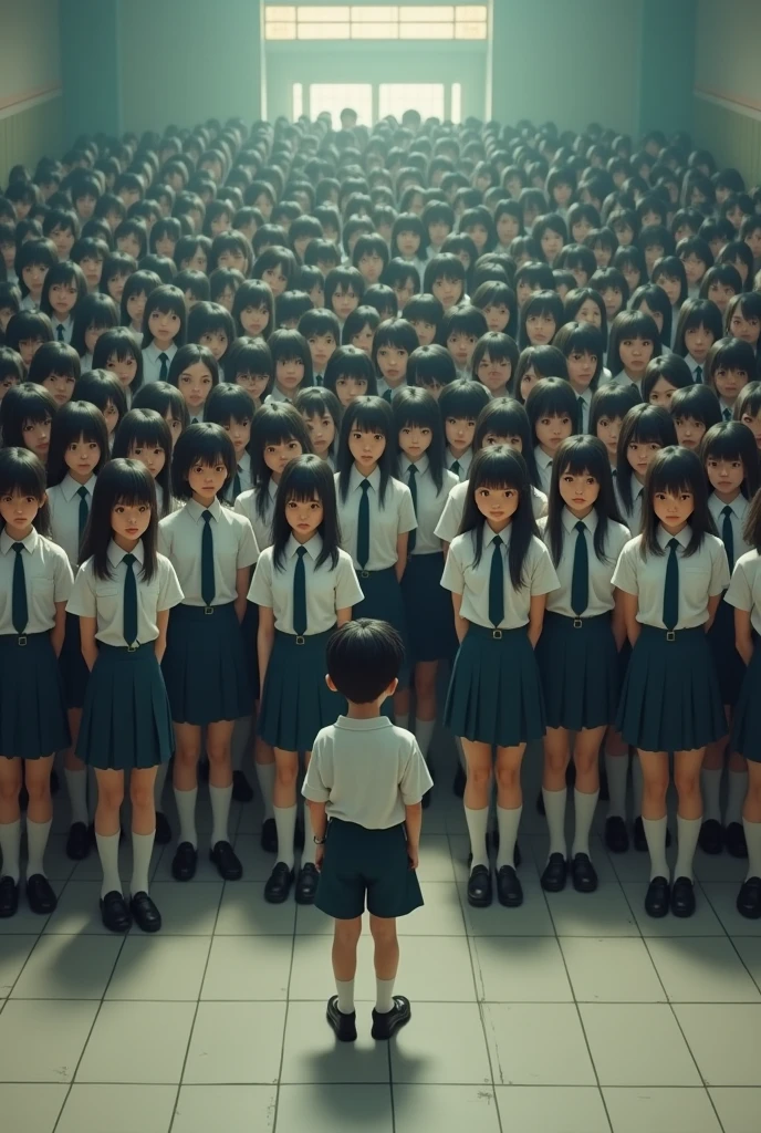 1400 identical Asian girls and 1 boy wearing realistic school uniforms fight each other