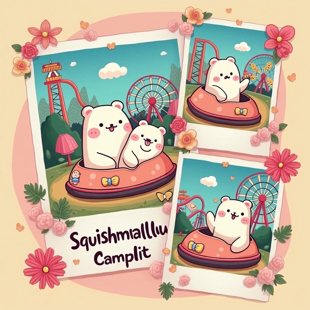 create a smart illustration, with good layout, and design features, ((glad)) with good contrast, with fine and delicate lines, cute fun, to the audience (The image features three photos with polaroid style images ((3 squishmallows animals estilo cartoon. Nota:(((the squishmallows have to look like teddy bears))): in the first photo, um rapoza laranja glad em um carrinho de bate bate; In the second photo, a blue unicorn, big round eyes eating ice cream on ferris wheel, e uma tartaruga glad de óculos escuros. on the roller coaster)). the photos are random with different places situations, are different in each photo, the art in general presents a distribution with characteristics of shirt prints, in which "no" end up in a rectangular shape. Below this scene, há um texto que diz “Make good Memories,”"Have Funn"the stylized art that suggests a high summer amusement park vibe. The font color transitions from pink at the top to yellow at the bottom, imitating a sunset. This image evokes nostalgia for amusement park rides., adventures in toys, symbolizing freedom and leisure.